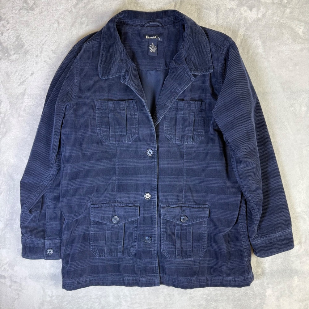 Denim & Co Corduroy Jacket Women XL Navy Blue Striped Utility Field Coat